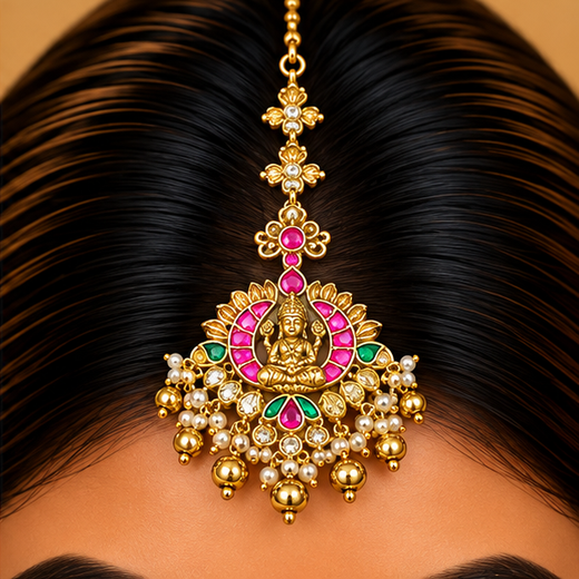 Jadau Kundan Finishing With Lord Lakshmi Design With Golden Balls Maang Tikka - Image 4