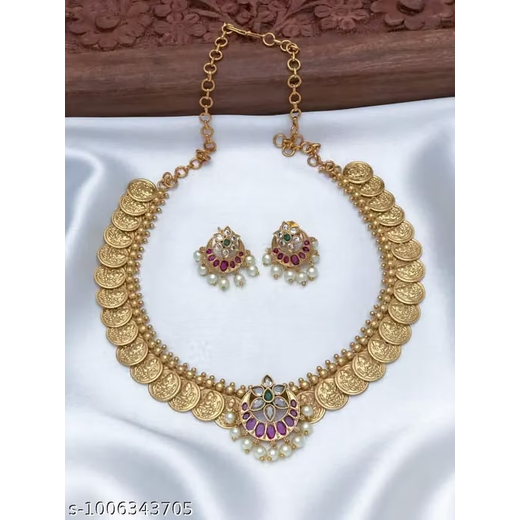 Matte finishing Lakshmi coin kempu motif pendant Short Necklace - Image 3