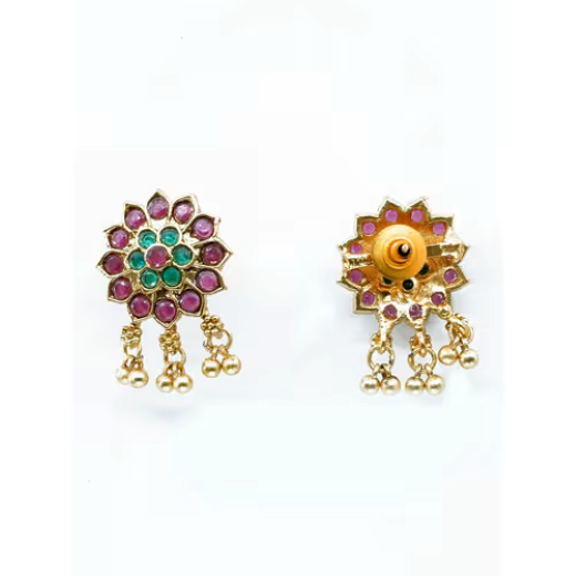 Gold-plated flower design green & pink stones faux pearl drops - Image 2