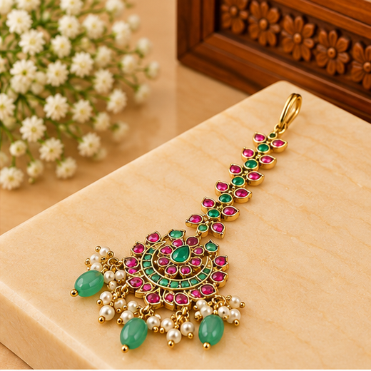 Jadau Kundan Finishing Floral Design Green Beads Maang Tikka - Image 2