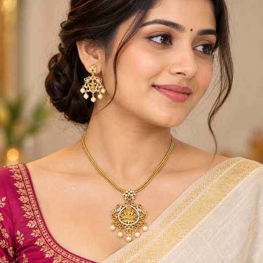 Matte finishing with Lord Lakshmi Short Necklace - Image 4