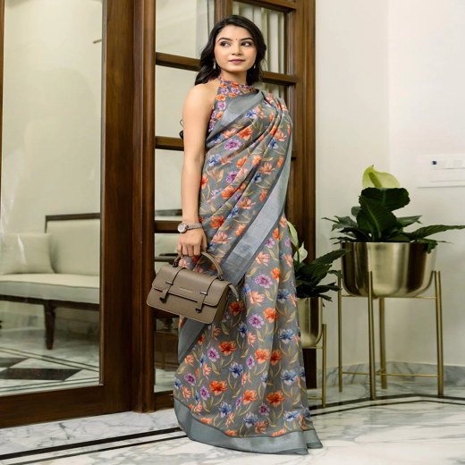 Ready To Wear Grey Linen Printed Saree