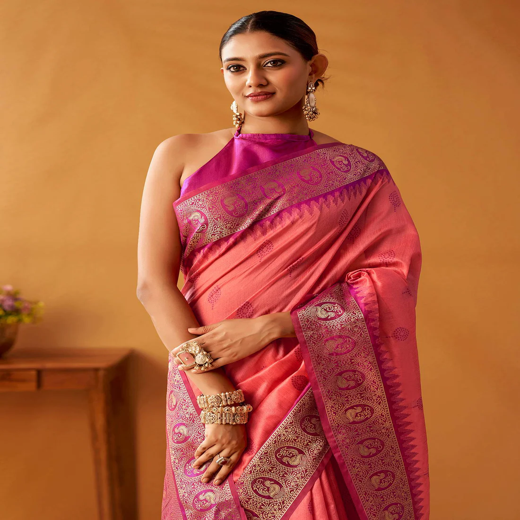 Coral Pink Silk Woven Kanjivaram Saree - Image 2
