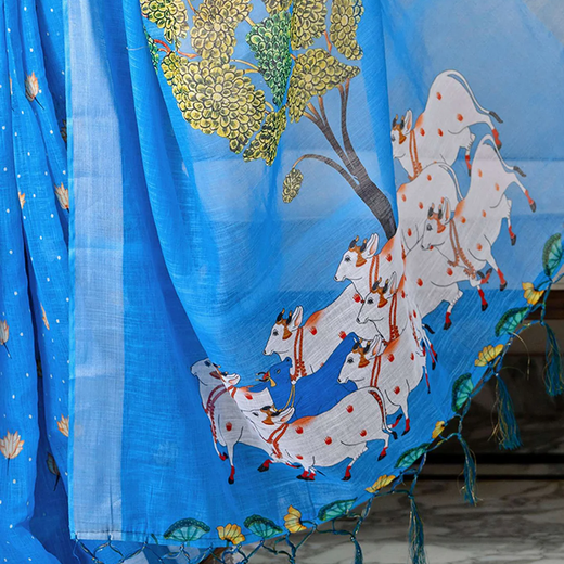 Sky Blue Linen Printed Saree - Image 3