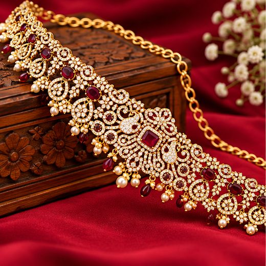 Victorian Finishing With Purple Stones And Peacock Deigned Chain Vaddanam - Image 3