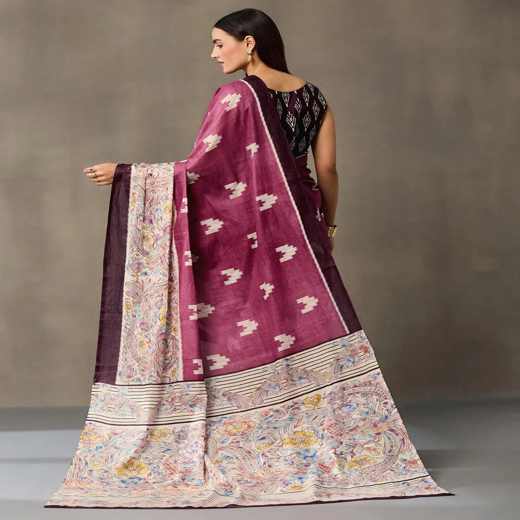 Dark Mauve Cotton Printed Kalamkari Saree - Image 4