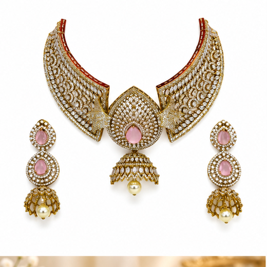 Victorian finishing American Diamonds with Baby-pink stones Choker