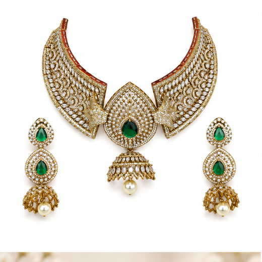 Victorian finishing American Diamonds with Green stones Choker