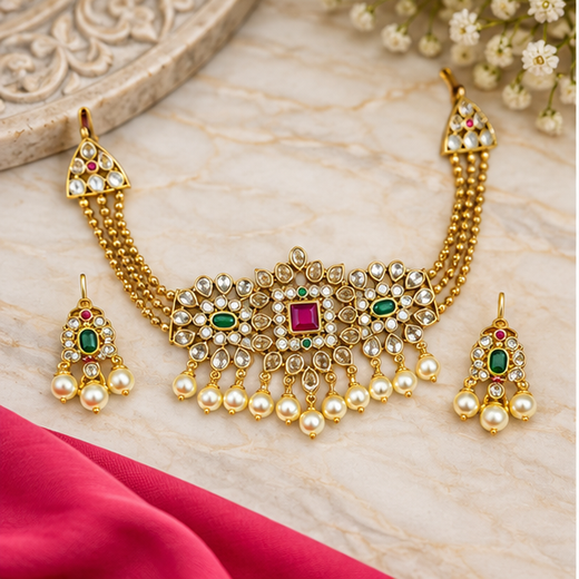 Matte finishing Ad stones with white pearls with pink and green stones Choker - Image 3