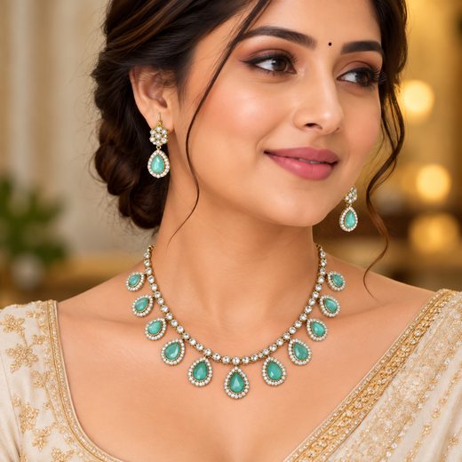 Mehndi finishing Mint-Green-Stones Short Necklace - Image 4