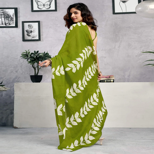 Ready To Wear Green Cotton Printed Saree - Image 4
