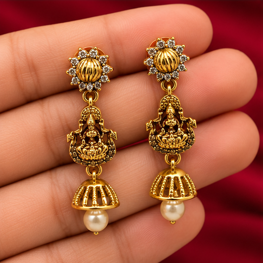 Matte finishing Lord Lakshmi with (Jhumka) white pearl drop Earring - Image 3