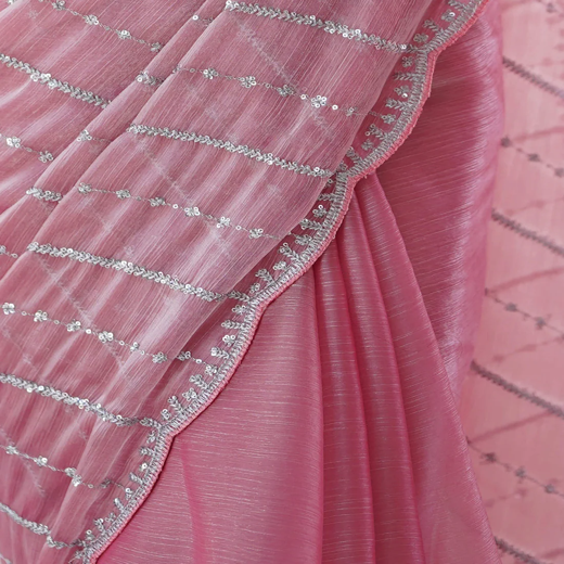 Pink Shimmer Sequence Embroidery Saree - Image 3