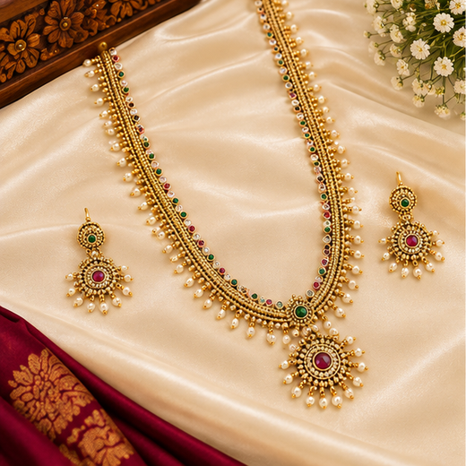 matte finishing multi-color stones with pearls long haram Necklace - Image 3