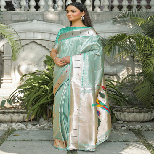 Mint Green Silk Woven Paithani Saree - Image 4
