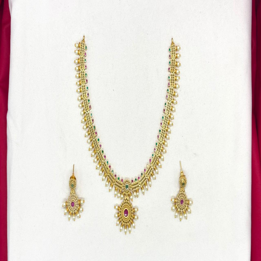 Matte finishing with multi-stones with white pearls short Necklace