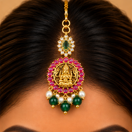 Jadau Kundan Finishing Floral Design With Golden Balls Maang Tikka - Image 4