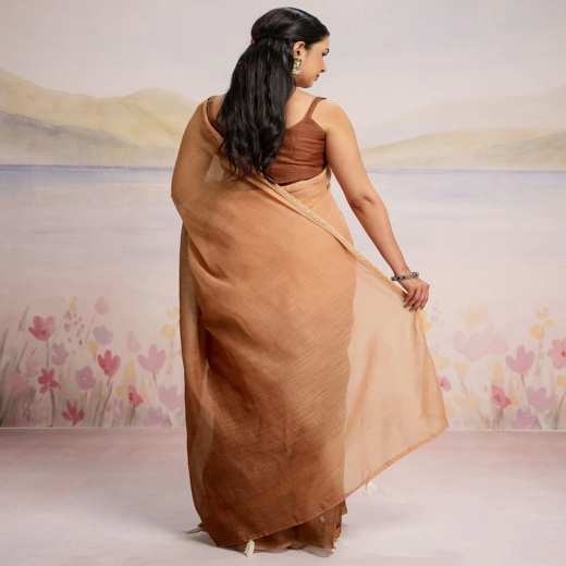 Ready To Wear Brown Linen Ombre Lace Saree With Pocket - Image 4