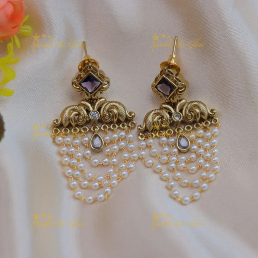 Matte Finish Pearl Drop Earrings with Purple Stone | Artificial Jewellery - Image 2