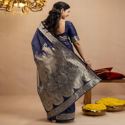 Navy Blue Silk Woven Banarasi Saree - Image 4