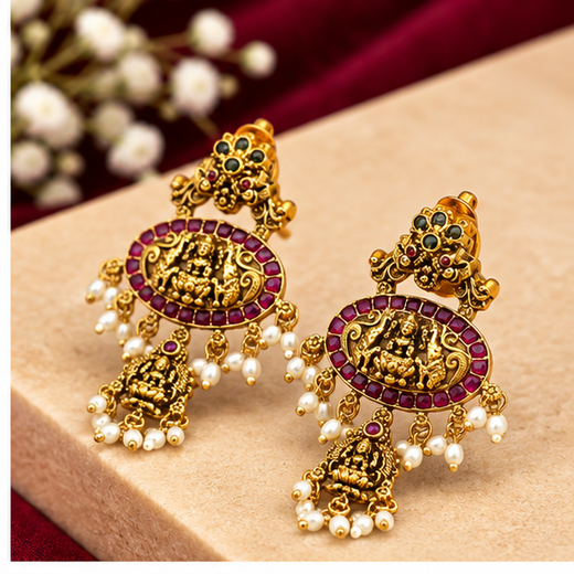 Nakshi Finishing Kempu Stones With Lord Lakshmi Rce Pearl’s Earring - Image 2