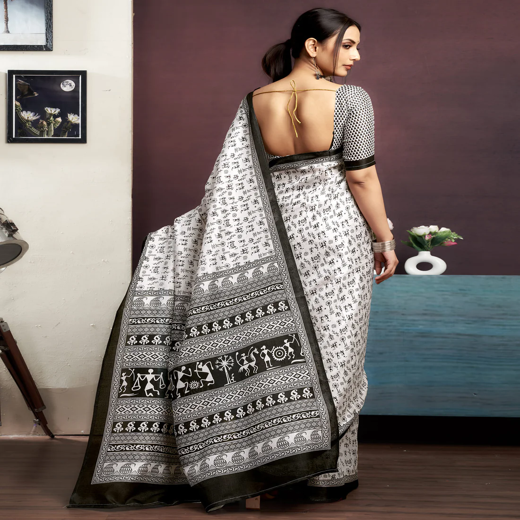 White Cotton Blend Printed Saree - Image 4