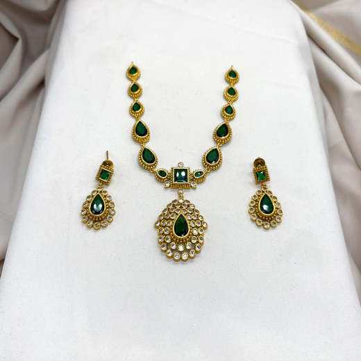 Matte finishing American Diamonds with Green stones short Necklace
