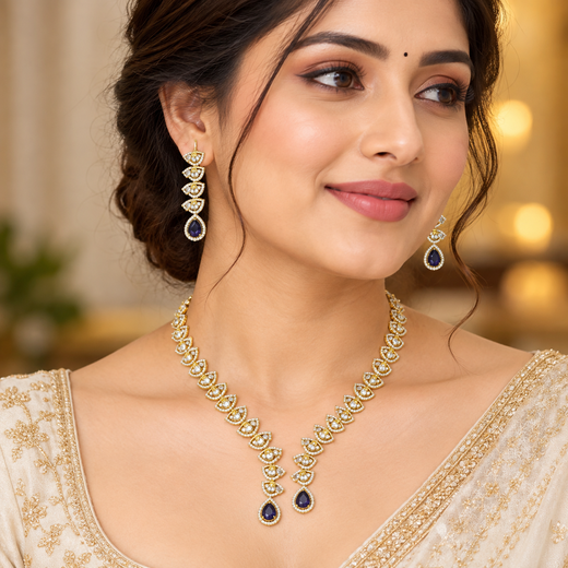 Emerald polki Purple with American Diamond Drop Short Necklace - Image 4