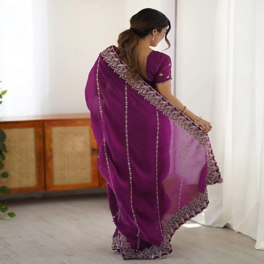 Magenta Tissue Silk Embroidery Saree - Image 4