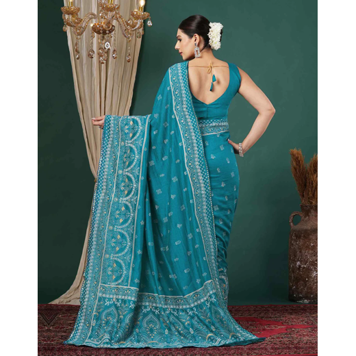 Teal Blue Silk Printed Saree - Image 4
