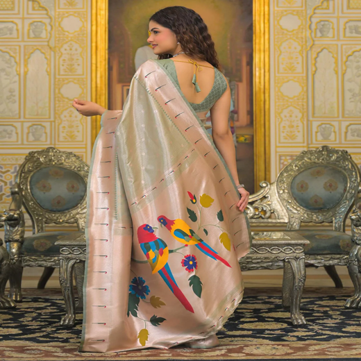Mint Green Silk Woven Paithani Saree - Image 4