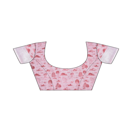 Light Rose Pink Linen Printed Saree - Image 2