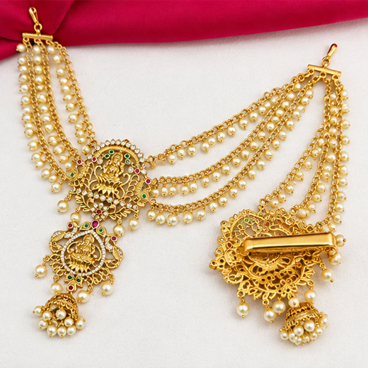 Matte Finishing Peacock Design With Multi-Stones And White Pearls Jadai Billai - Image 4