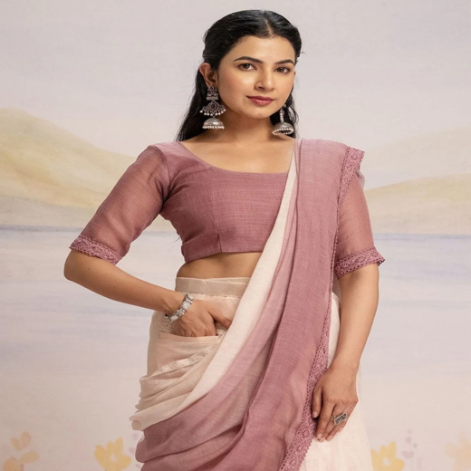 Ready To Wear Dusty Rose Pink Linen Ombre Lace Saree With Pocket - Image 2
