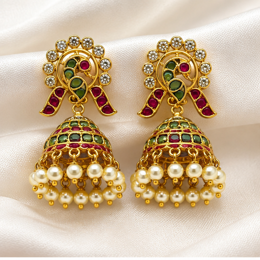 Kempu Jhumka Earrings Featuring Peacock Motifs,Dangling Pearl Beads Earrings