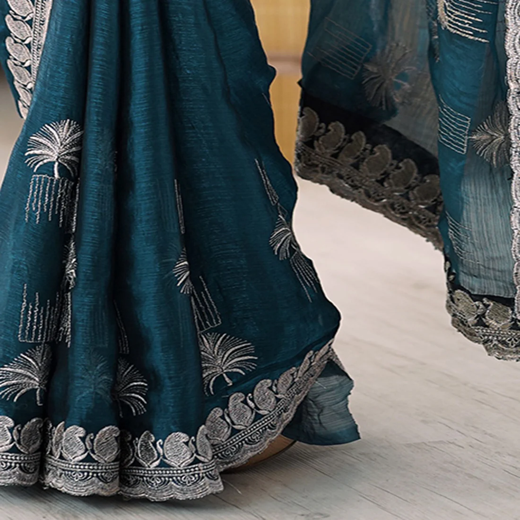Blue Chiffon Embroidery Saree - Image 3