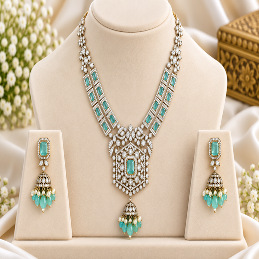 Victorian finishing mint green stones and moissanite stones two layered Short Necklace - Image 3