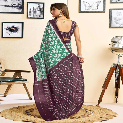 Ready To Wear Green Cotton Printed Saree - Image 4