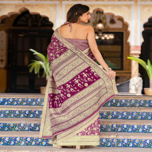 Dark Magenta Khadi Warli Printed Saree - Image 4