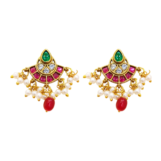Jadau Kundan with white pearls and Red drop Earring