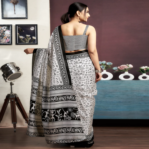 White Cotton Blend Printed Saree - Image 4