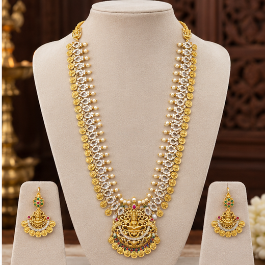 Matte finishing lord Lakshmi leaf with Ad stones Long Haram