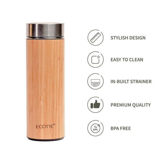 Ecotyl Bamboo Stainless Steel Insulated Flask With Strainer - 450 ml - Image 3