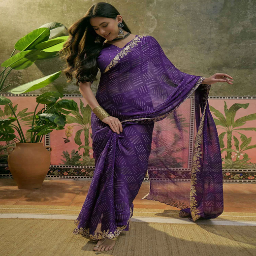 Purple Bandhani Printed Embroidery Saree