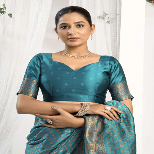 Teal Blue Silk Woven Banarasi Saree - Image 2