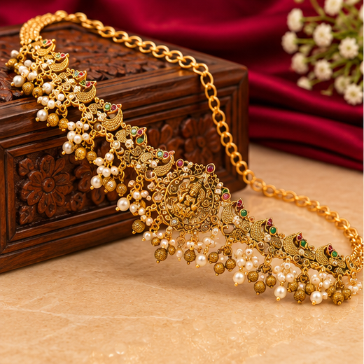 Matte Finishing Peacock Design With Golden Balls Chain Vaddanam - Image 3