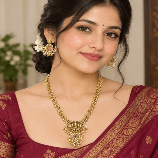 Premium matte finishing with lorded Lakshmi pendant ad stones long haram - Image 4