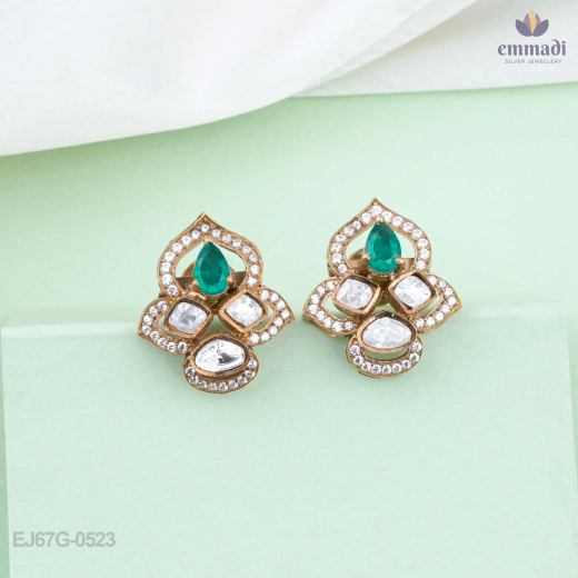 Rose-Gold With Green Stones Polki Diamonds Studs - Image 3