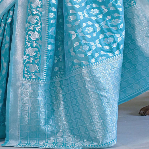 Sky Blue Silk Woven Banarasi Saree - Image 2