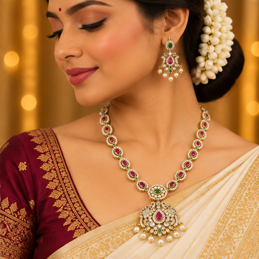 Matte finishing pink stones pearls with Elephant design Long Haram - Image 4